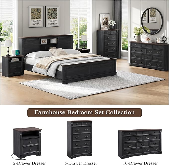 Yaamizz Farmhouse Nightstands with Charging Station, Table with Drawer and Storage Shelf, Wood Pilasters and Metal Handles, Vintage Design, Organizer for Bedroom, Hallway, Black