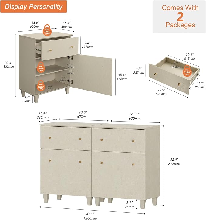 WAMPAT Storage Cabinets with Drawers and Doors, 2-in-1 Living Room Beige Wood Side Cabinets Floor Storage Organizer with Adjustable Shelf for Dining Room, Kitchen, Entryway, Hallway, 47.2x15.3x32.4