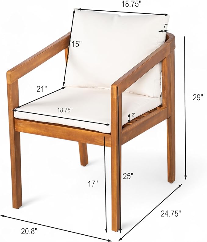 Christopher Knight Home Lucid Set of 2 Outdoor Dining Chair, Acacia Wood Frame Dining Chairs, Accent Chair Set with Comfortable Cushions, Patio Armchair for Backyard Poolside Garden, Natural + Beige