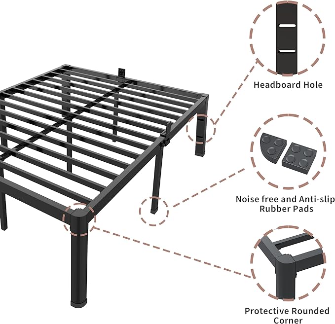 ROIL 12 inch California King Size Bed Frame Metal Platform No Box Spring Needed with Headboard Hole Round Corner Legs Mattress Retainers 3500LBS Heavy Duty Steel Slats Noise-Free Storage