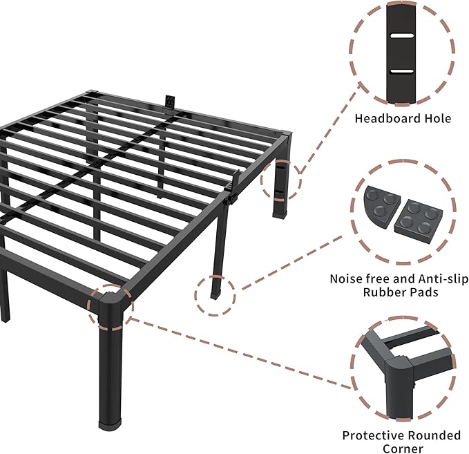 ROIL 14 inch Metal Queen Bed Frame with Rounded Corner and Headboard Hole Mattress Retainers 3500LBS Heavy Duty Steel Slats No Box Spring Needed Platform Noise-Free Easy Assembly