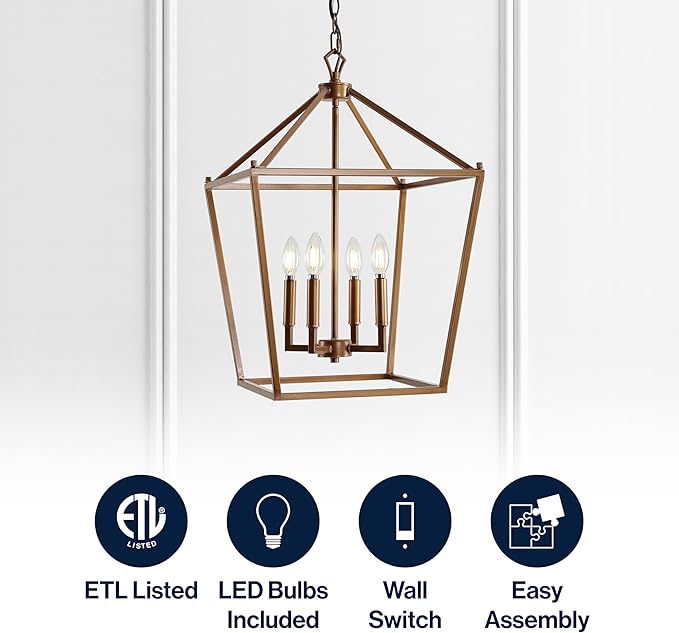 JONATHAN Y JYL7437B Pagoda Lantern Dimmable Adjustable Metal LED Pendant Classic Traditional Farmhouse Dining Room Living Room Kitchen Foyer Bedroom Hallway, 16 in, Antique Gold