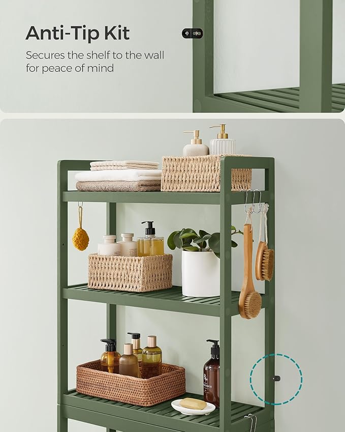 SONGMICS Over The Toilet Storage, 3-Tier Over Toilet Bathroom Organizer with Adjustable Shelf, 10.2 x 24.8 x 66.9 Inches, Space-Saving, Forest Green UBTS001C01