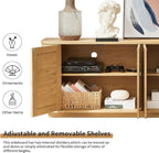 LKTART 64" Sideboard Buffet Cabinet with Storage, Wooden Fluted Storage Cabinet Sideboard with Adjustable Shelves Pressed Spring Rattan Doors for Kitchen Living Room (Natural)