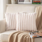 DEELAND Pack of 2,Double-Sided Faux Fur Plush Decorative Throw Pillow Covers Fuzzy Striped Soft Pillowcase Cushion Covers for Sofa Couch Bedroom Beige 20x20 inch