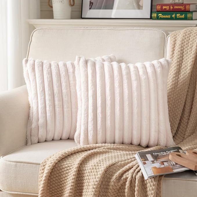 DEELAND Pack of 2,Double-Sided Faux Fur Plush Decorative Throw Pillow Covers Fuzzy Striped Soft Pillowcase Cushion Covers for Sofa Couch Bedroom Beige 20x20 inch
