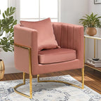 Velvet Modern Accent Chair, Upholstered Barrel Armchair Mid Century with Pillow for Living Room, Comfy Single Vanity Chair with Metal Gold Legs for Bedroom, Pink