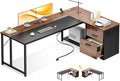 AODK L Shaped Desk with Wood Drawers & Lockable File Cabinet, 61-inch L Shaped Office Desk with Power Outlet & CPU Stand, Reversible Corner Computer Desk with Storage, for Home Office, Walnut