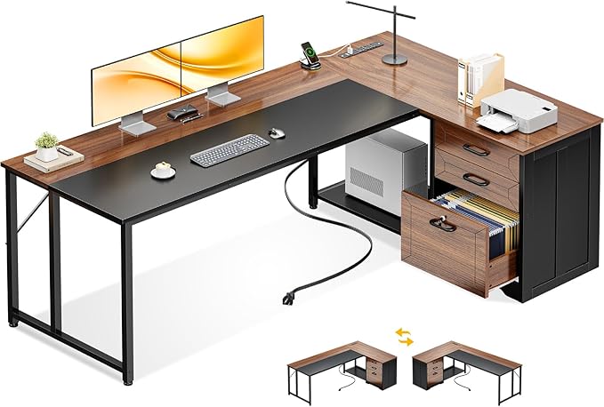 AODK L Shaped Desk with Wood Drawers & Lockable File Cabinet, 61-inch L Shaped Office Desk with Power Outlet & CPU Stand, Reversible Corner Computer Desk with Storage, for Home Office, Walnut