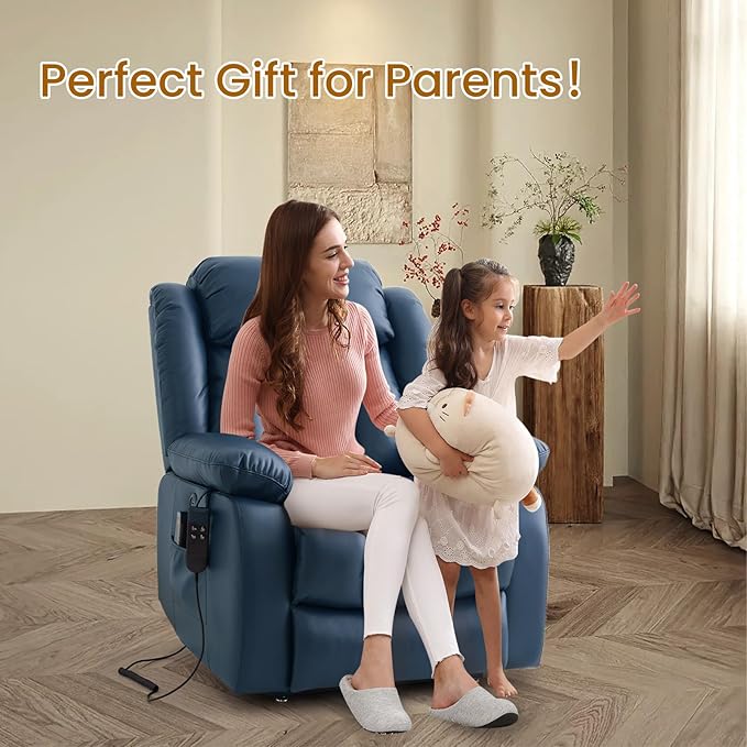 TEKAMON Power Lift Recliner Chair for Elderly with Heat & Massage, Dual Motor Genuine Leather Recliner, Lay Flat Sleeping Chairs with Infinite Position, RemoteControl(Deep Blue, Extended)