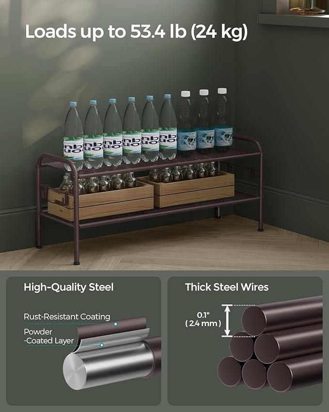 SONGMICS 2-Tier Shoe Organizer, Metal Shelf Storage With 4 Side Hooks, Holds 10 Pairs, Height-Adjustable Rack for Entryway, Hallway, Closet, Easy Assembly, Chestnut Brown