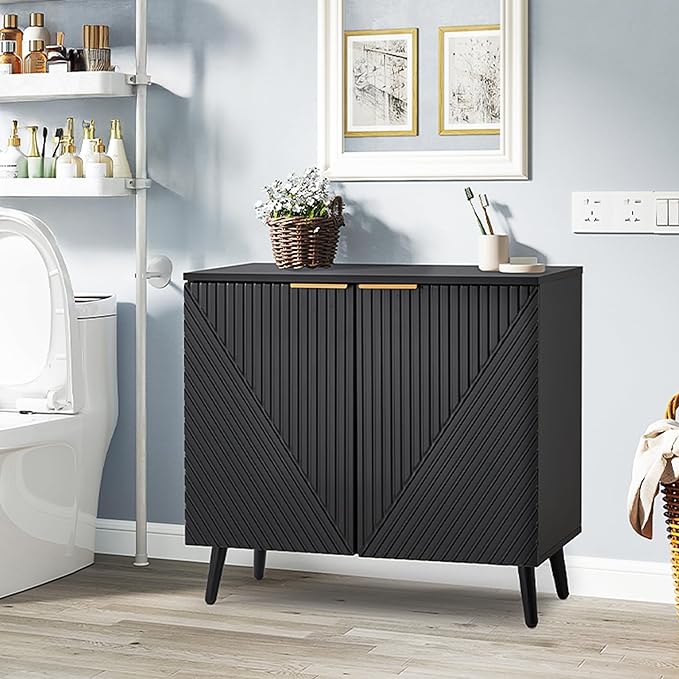 Fluted Storage Cabinet with Doors Set of 2, Wooden Sideboard Buffet Cabinet with Adjustable Shelves, Modern Accent Table for Living Room, Entryway, Black