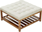 VEVOR Large Square Ottoman Coffee Table, 34.5 Inch Tufted Coffee Table with Solid Wood Shelf Storage, Linen Solid Upholstered Footrest Ottoman for Bedroom Living Room, 400 LBS, Off-White