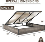 Lift Up Storage Bed Frame, King Size Wooden Platform Bed with Large Storage Underneath, No Box Spring Needed, Noise Free, Rustic Grey