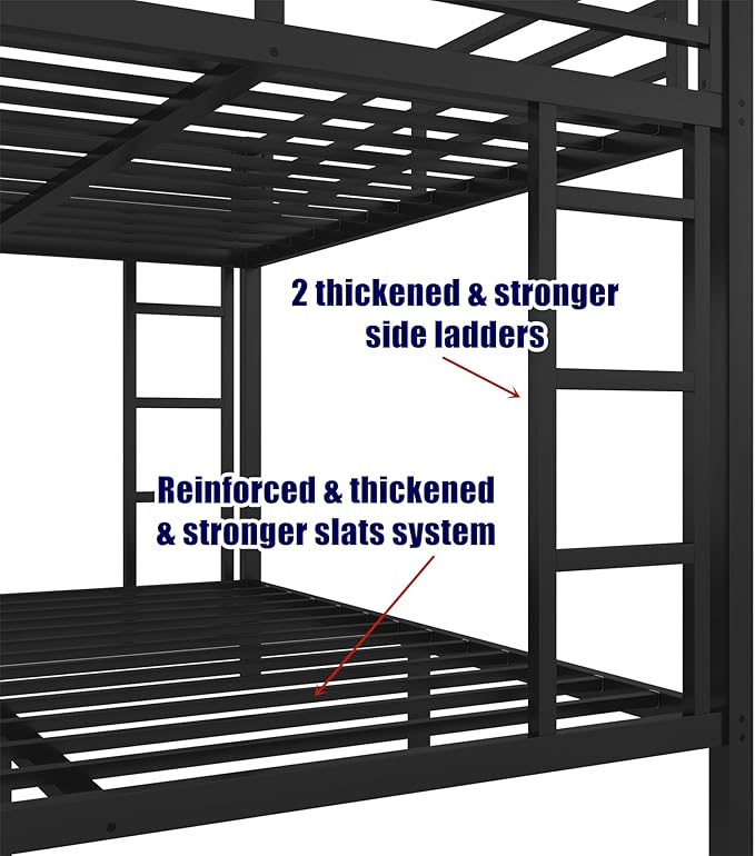 Stronger & Higher Quality Heavy Duty Steel Bunk Bed Queen Over Queen Size Bunkbed, Thickened Safer More Stable Metal Queen Bunk Bed Frame (Faster Assembly)