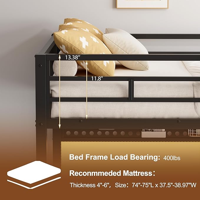 Twin Metal Loft Bed with Desk, 6 Storage Cabinet, LED Light Bunk Bed Frame Twin Size with Charging Station, No Box Spring Needed, Extra Wide Stair Treads&Safety Ladder, Hanging Rod&Guardrail