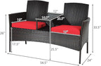 COSTWAY 2-Seat Patio Conversation Sets, Outdoor Patio Loveseat Set with Removable Cushions & Built-in Coffee Table for Backyard, Garden, Lawn, Balcony, Brown+Red