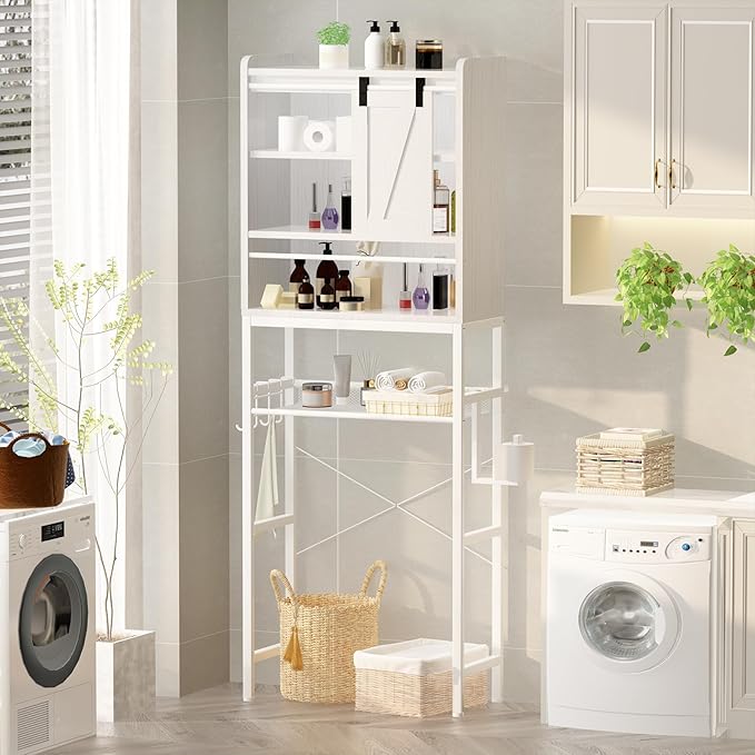 AWQM Over The Toilet Storage CabinetFreestanding Bathroom Organizer with AdjustableShelf & Paper Hook,Space-Saving Toilet Rack,White Retro Style (White, Sliding Door)