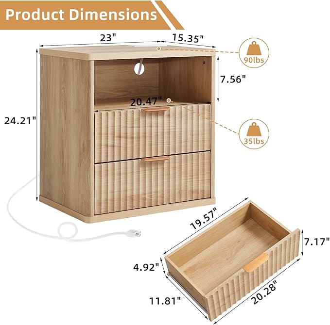 LEYAOYAO Fluted Farmhouse Nightstand Set of 2 with Charging Station, 23" Wide 2 & 3 Drawers Large End Table with Metal Handle, Natural Night Stand Bedside Table, Wood Dresser for Bedroom,Closet