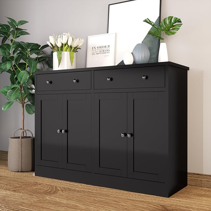 49" Black Buffet Cabinet with Doors & Drawers, Modern Kitchen Storage Sideboard, Coffee Bar Console for Dining Room, Living Room, Entryway