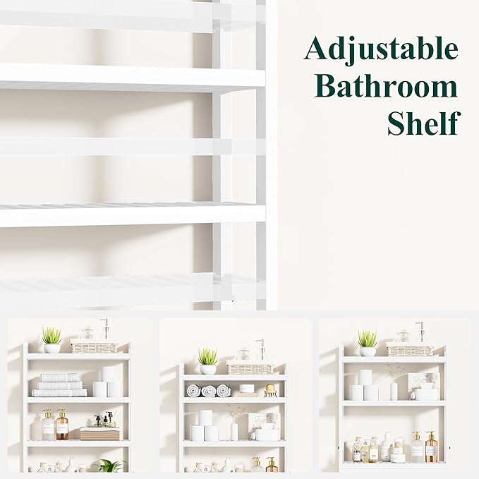 Smiry Over The Toilet Storage Cabinet, 4-Tier Bamboo Bathroom Organizers with Adjustable Shelf & 4 Hooks, Space Saving Shelf Rack for Bathrooms, Laundry Room, Balcony, White