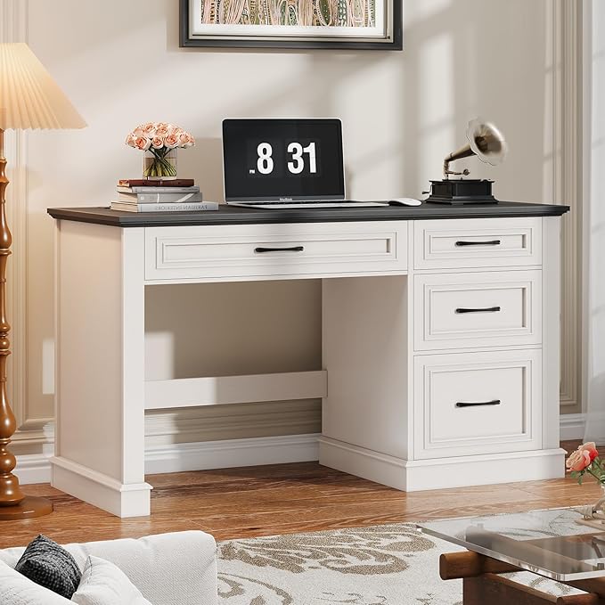 Farmhouse 47" Executive Desk, Computer Desk with Drawers and File Drawer, Workstation Computer Desk with Charging Station for Home Office, Study (Black)