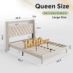 WLIVE Queen Size Upholstered Bed Frame with Storage Headboard, Velvet Square Tufted Platform Bed with Charging Station, Sturdy Metal & Wooden Slats Support, No Box Spring Needed, Beige