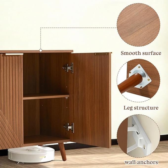 Fluted Storage Cabinet with Doors, Wood Sideboard Buffet Cabinet with Adjustable Shelf, Modern Accent for Living Room, Entryway (Set of 3, Brown)