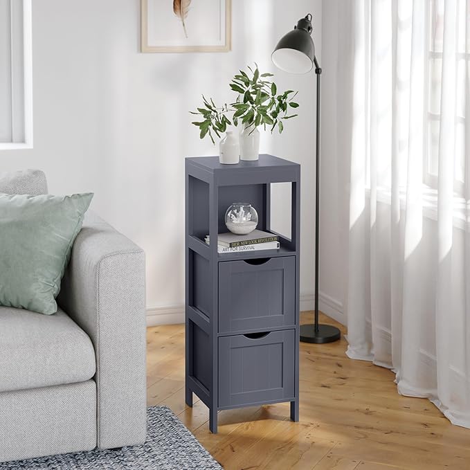 VASAGLE Storage Cabinet, Storage Organizer Rack Stand for Bathroom, Living Room, Bedroom, Multifunctional Corner Unit, 2 Drawers, 35 Inches in Height, Slate Gray BBC042G01