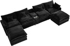 HYJT-H&K 145" U Shaped Cloud Couch Modular Dark Black Sectional Couches for Living Room, Comfy Fluffy Corduroy Oversized Cloud Sectional Couch Large 6 Seat Sectionals Sofa Set Central Console USB Port