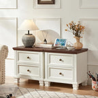 Farmhouse Nightstand with Charging Station, Rustic Low Night Stand with 2 Drawers, Mid-Century Modern End Table with 4 Square Solid Wood Legs, Small Dresser for Bedroom, Home, White