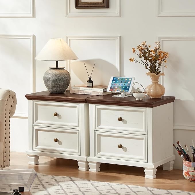 Farmhouse Nightstand with Charging Station, Rustic Low Night Stand with 2 Drawers, Mid-Century Modern End Table with 4 Square Solid Wood Legs, Small Dresser for Bedroom, Home, White