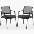 DUMOS Black Stackable Arm Chairs with Mesh Back and Upholstered Fabric, Sturdy Metal Frame, Easy to Store and Use, Perfect for Indoor and Outdoor Spaces, 2 Chair