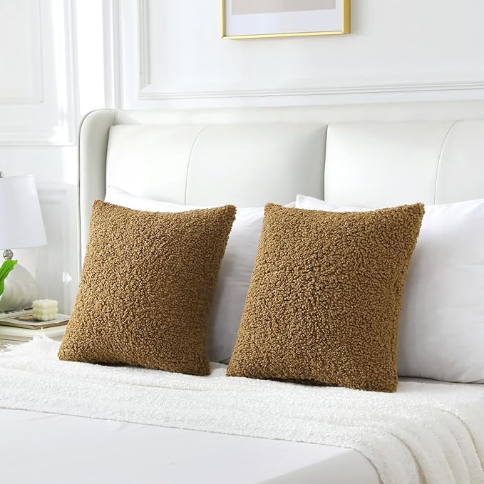 FUTEI Khaki Throw Pillow Covers 24x24 Inch Set of 2,Furry Faux Fur Teddy Boucle Textured Cushion Covers,Soft Fluffy European Pillow Shams,Home Decor for Couch Bed Living Room Office Car