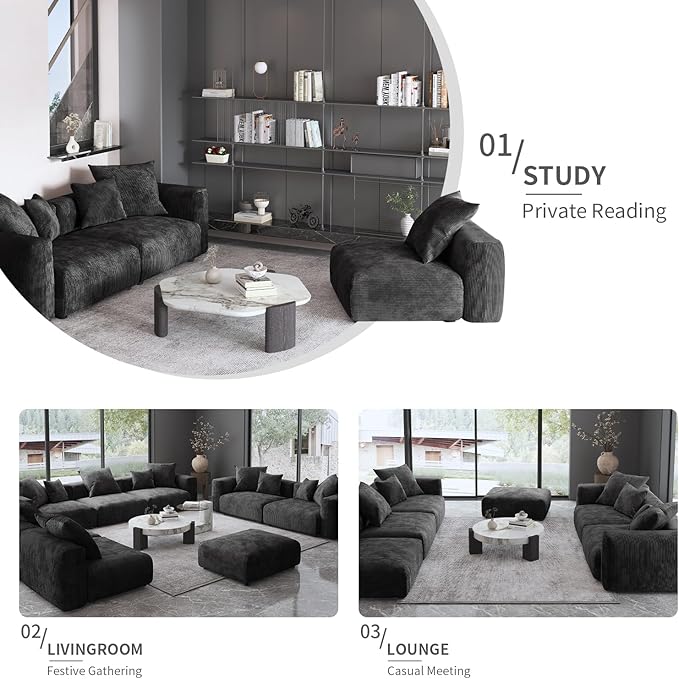 Oversized Modular Sectional Sofa with Ottomans,5 Seater Corduroy V Shaped Reversible Corner Couch,141.73" Convertible Sofa & Couch Free Combination for Living Rooom,Black