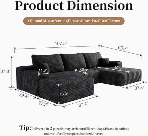 107.5" Cloud Modular Sectional with Ottoman, U-Shaped Sofa for Living Room, Modern Minimalist Couches, Deep Seat Comfy Couch & Reversible Chaise, No Assembly Required (Black, Right Facing Chaise)