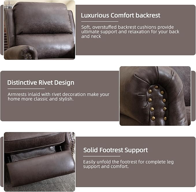 Push Back Recliner Chair Faux Leather Lounge Armchair with Rivet Decoration Wingback Single Sofa Chair with Padded Seat Solid Wood Legs for Living Room, Comfy Upholstered, Dark Grey