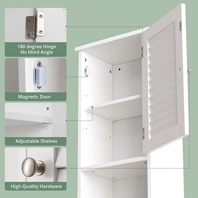 Small Bathroom Wall Cabinet, Slim Single Louvered Door Narrow Over The Toilet Storage, Adjustable Shelves, Space Saver Organizer, 13.4x8.9x25.3 inches