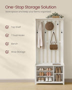 VASAGLE Hall Tree with Bench and Shoe Storage, Coat Rack with Shoe Bench, 7 Double Hooks for Jackets, Hats, Entryway, Bedroom, Living Room, 13.8 x 31.9 x 70.9 Inches, Rustic White UHSR414W01