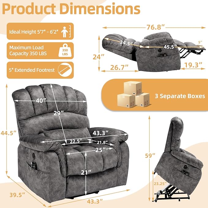 Tall Man Oversized Dual Motor Power Lift Recliner w/Heat Massage, Large Lay Flat Sleeper Electric Recliner with Extended Footrest for Elderly, Lumbar Pillow, USB & Type-C Ports, Plush-Gray