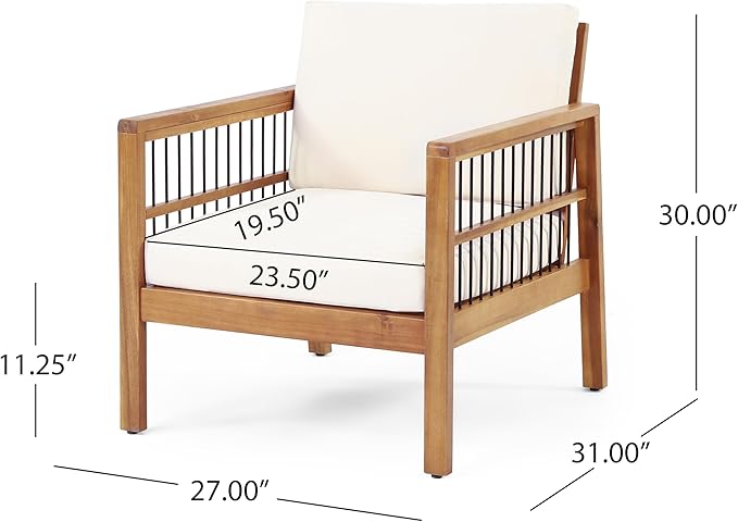 Christopher Knight Home Elias Outdoor Acacia Wood and Iron Club Chair with Cushions, Teak, Black, Beige