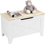 VECELO 30" Storage Bench, Entryway Shoe Ottoman, Farmhouse Style Bench with Handwoven Cushion and Metal Safety Hinges, for Bedroom, Living Room, Entryway, White