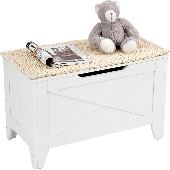 VECELO 30" Storage Bench, Entryway Shoe Ottoman, Farmhouse Style Bench with Handwoven Cushion and Metal Safety Hinges, for Bedroom, Living Room, Entryway, White