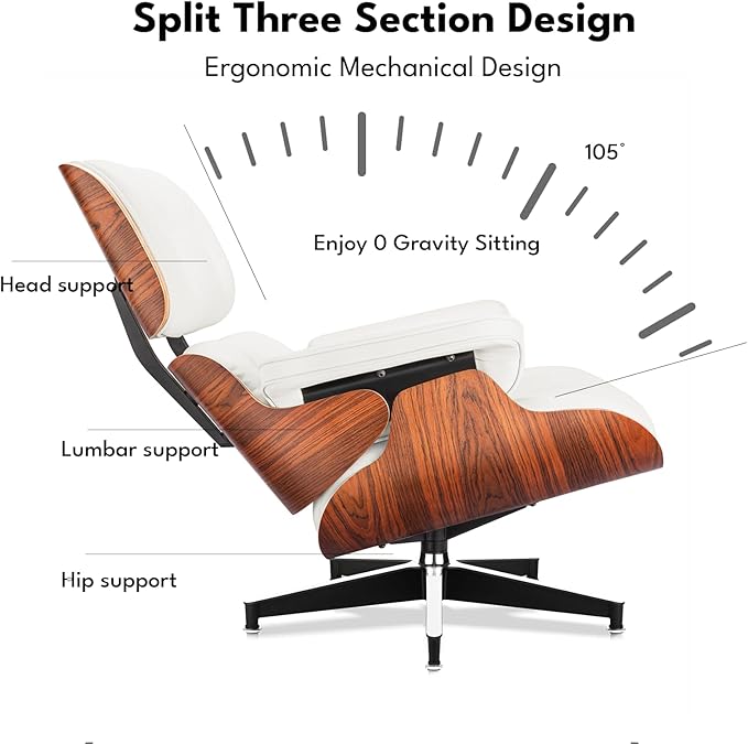 Top Grain Leather, Mid Century Chaise Lounge Chair and Ottoman, Modern Chair Classic Design, Heavy Duty Base Support for Living Room Study Lounge Office, Palisander-White, Heightening