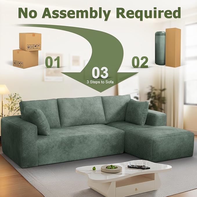 108” Cloud Sectional Couch, Modular Sectional Sofa with Deep Seat, Corduroy Boneless Couches with Chaise for Living Room Bedroom, No Assembly Required
