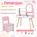 Costzon Kids Vanity with Lights, Girls Vanity Set with Mirror Cabinet, Storage Drawers, Hooks & Shelves, Toddler Makeup Vanity Desk Dressing Table, Wooden Kids Vanity Table and Chair Set (Pink)
