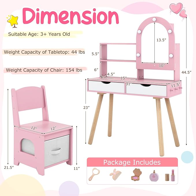 Costzon Kids Vanity with Lights, Girls Vanity Set with Mirror Cabinet, Storage Drawers, Hooks & Shelves, Toddler Makeup Vanity Desk Dressing Table, Wooden Kids Vanity Table and Chair Set (Pink)
