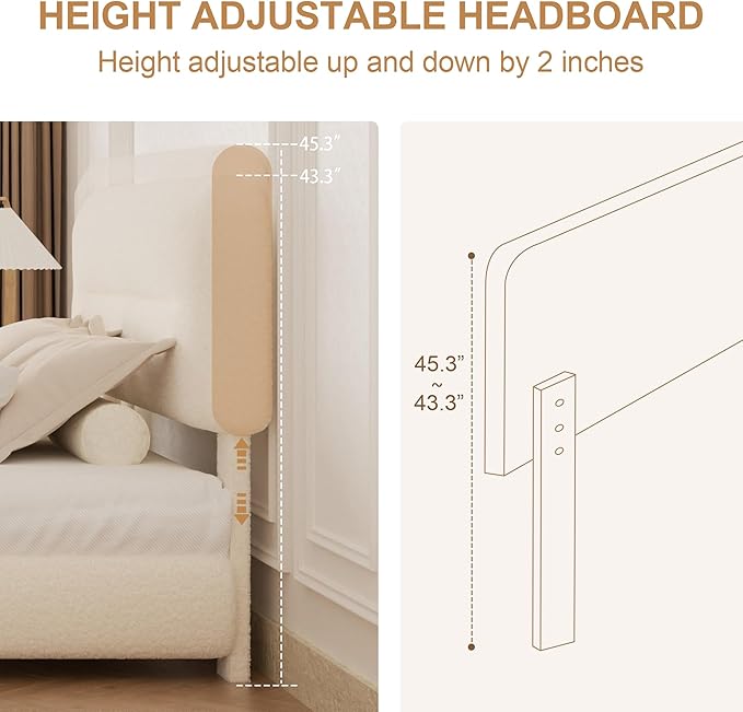 Queen Bed Frame, Cloud Upholstered Boucle Platform Bed with Adjustable Headboard, Anti-Collision Soft Rounded Corners, Noise Free, Easy Assembly, Cream