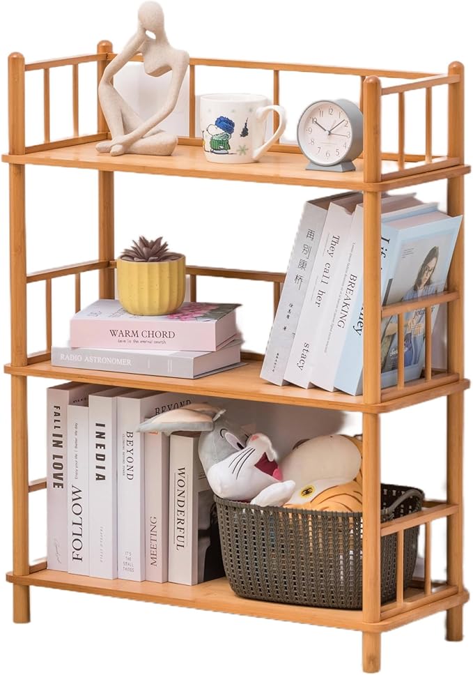 GOGOGO Expandable Bamboo Bookshelf - No Assembly & Modular, Bamboo 3-Tier Shelf & Ladder Shelf, Eco-Friendly Small Bookcase for Home Office- Useful Home & Housewarming Gift(Natural, 11.8" H(3 Tier))