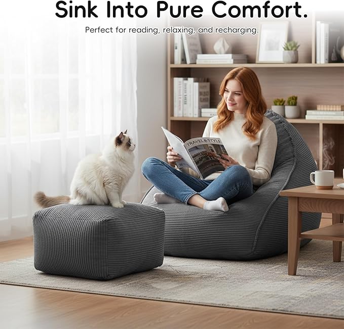Cloud Bean Bag Chair with Ottoman for Adults, Comfy Corduroy Chaise Lounge Chair with High-Resilience Foam, Oversized Boneless Reading Chair for Bedroom & Living Room (Grey)